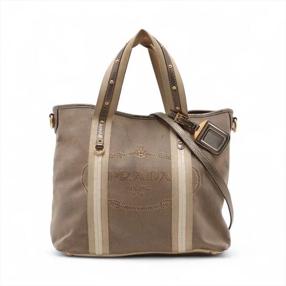 Prada Handbags - Prada Logo Jacquard 2WAY Tote Bag Crossbody Shoulder Beige Business Commuting